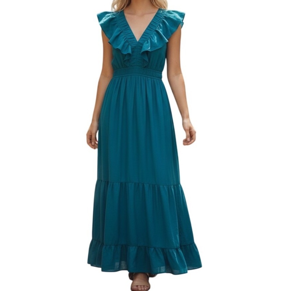 Japna Teal Blue Ruffle Off Shoulder Tiered Cotton Maxi Dress Medium